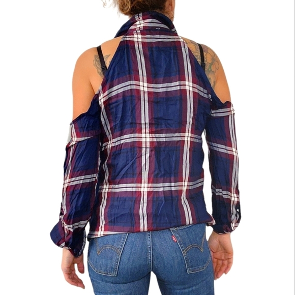 Seven Sisters Button Up Cold Shoulder Plaid Blue Blouse Size Large - Picture 3 of 3